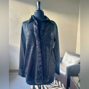 TOPSHOP Black Sequin Oversized Button-Front Shirt – US 4